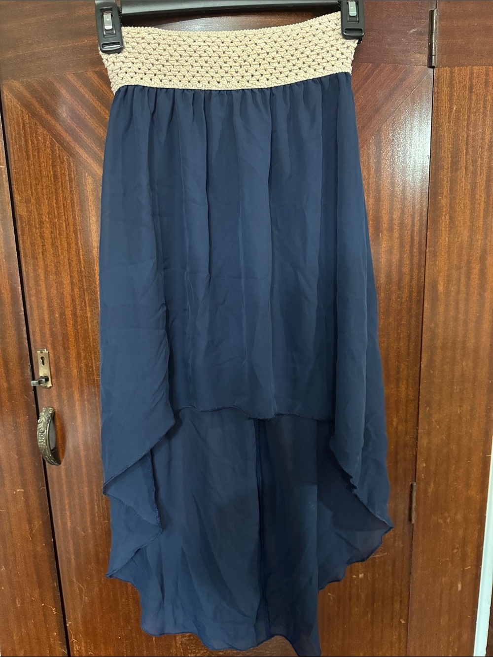 High-Low Navy Chiffon Skirt with Crochet Waistband